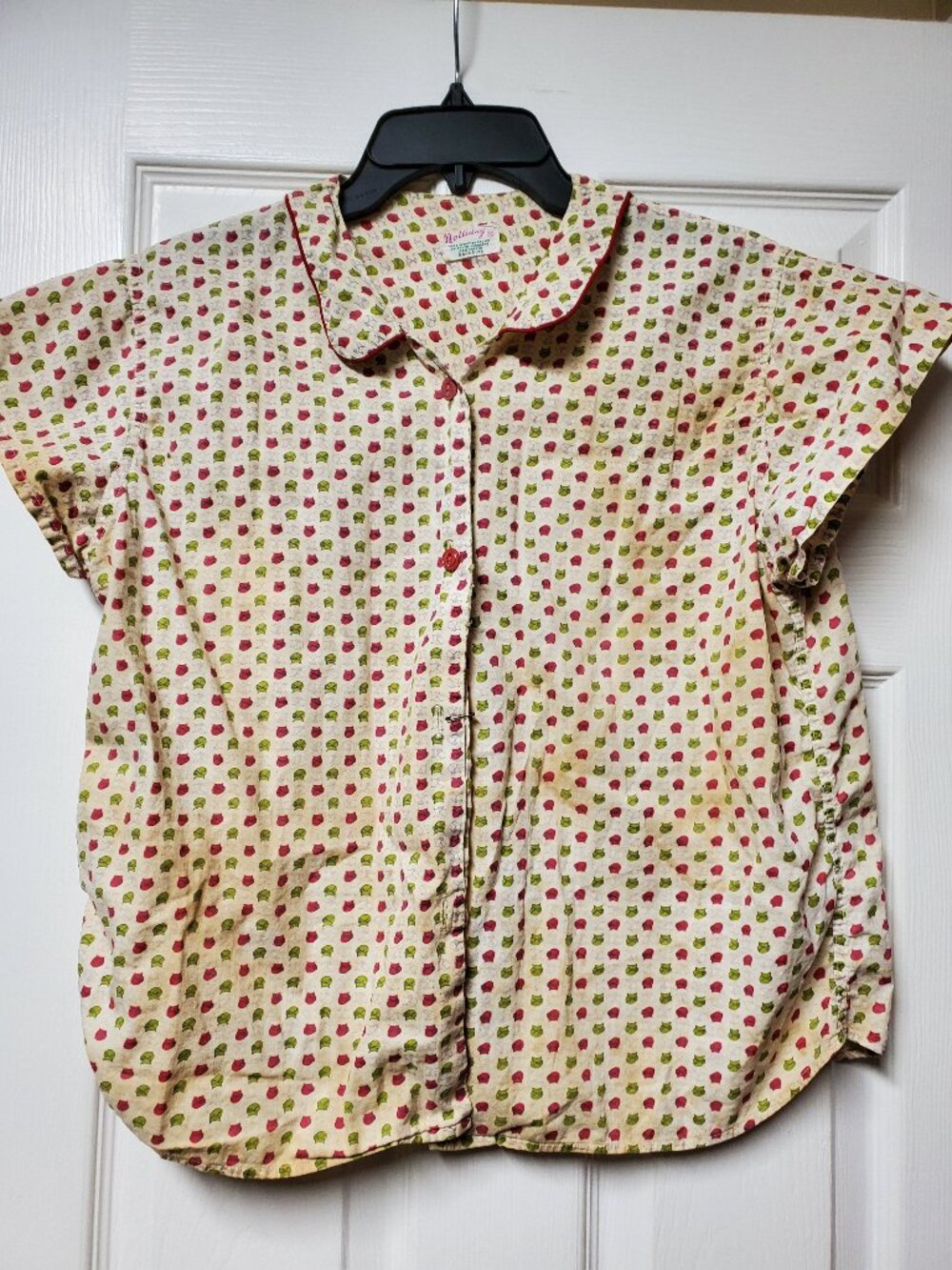 Vintage 1960s Holliday Novelty Knight Helmet Print Blouse Short Sleeve Cotton 40
